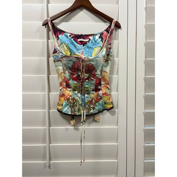 Roberto Cavalli S/S 2003 Bustier Corset Floral Abstract Print Denim Silk Top - Picture 3 of 12